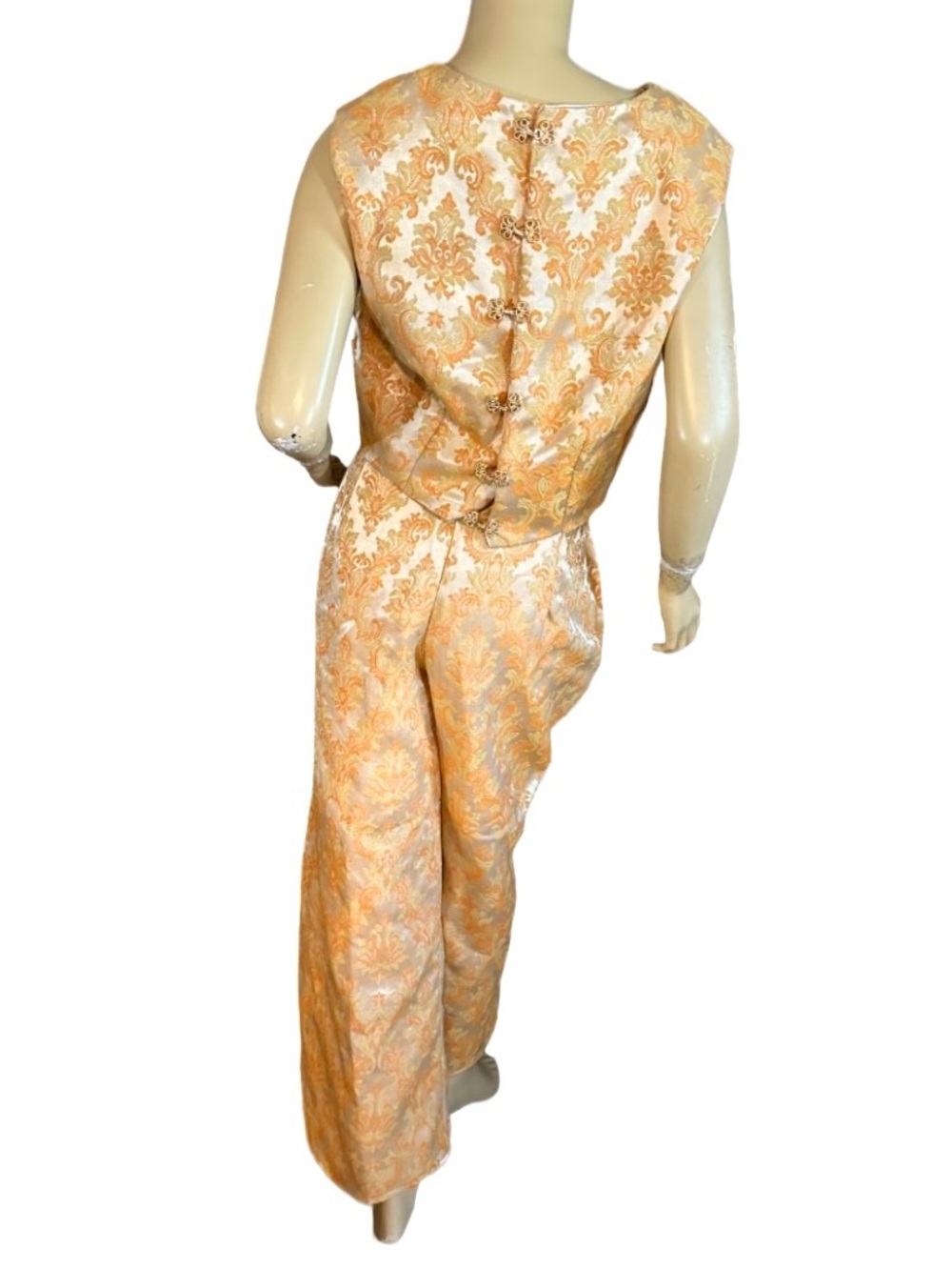 HANDMADE UPCYCLED WIDE LEG PANTS & CROP TOP CREAM & ORANGE SET (XL) - Picture 3 of 12